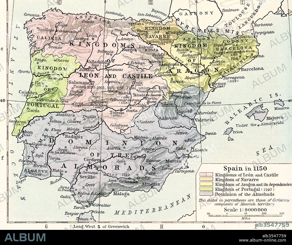 Map of Spain in 1150, showing the kingdoms of León and Castile, kingdom of Navarre, kingdoms of Aragon and its dependencies, kingdom of Portugal in 1140 and Dominion of the Almohads. From Historical Atlas, published 1923.