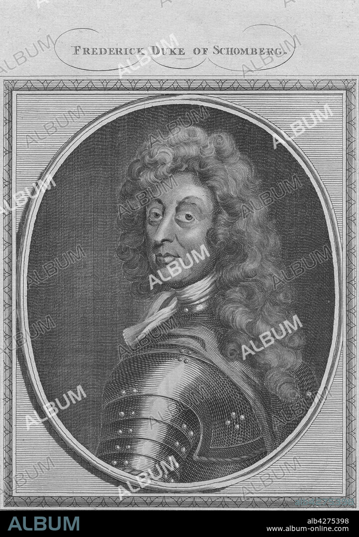 'Frederick Duke of Schomberg', 1785. Frederick Schomberg, 1st Duke of Schomberg (1615-1690),  Marshal of France and a General in the British and Portuguese Army, terminally wounded at the Battle of the Boyne in 1690.  From "The History of England" by Paul de Rapin-Thoyras. [Harrison, London, England].