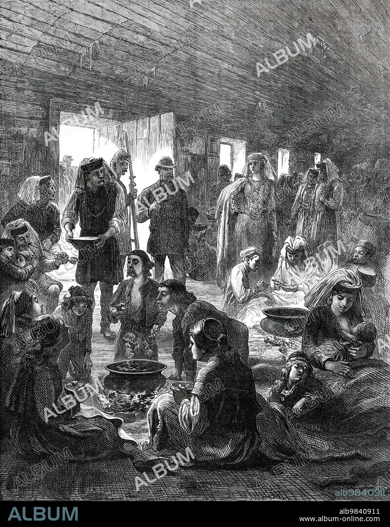 Herzegovinian Refugees at Ragusa, from a sketch by our special artist, 1876. 'In the interview which Baron Rodich had, a fortnight ago, at Ragusa [Dubrovnik], with the principal insurgent leaders, the latter maintained their rejection of the reforms offered by the Porte. They declared, however, they would submit if Turkey withdrew forty battalions from Herzegovina and allowed the insurgents, while retaining their arms, to treat with the Beys. If this were refused, they proposed that Austria or another Power should effect an armed intervention in Herzegovina. Baron Rodich replied that it was impossible to grant these demands, and that Austria would maintain complete neutrality and strictly guard the frontier. The Austrian Government, at the end of March, would also cease to afford relief to the Herzegovina refugees'. From "Illustrated London News", 1876.
