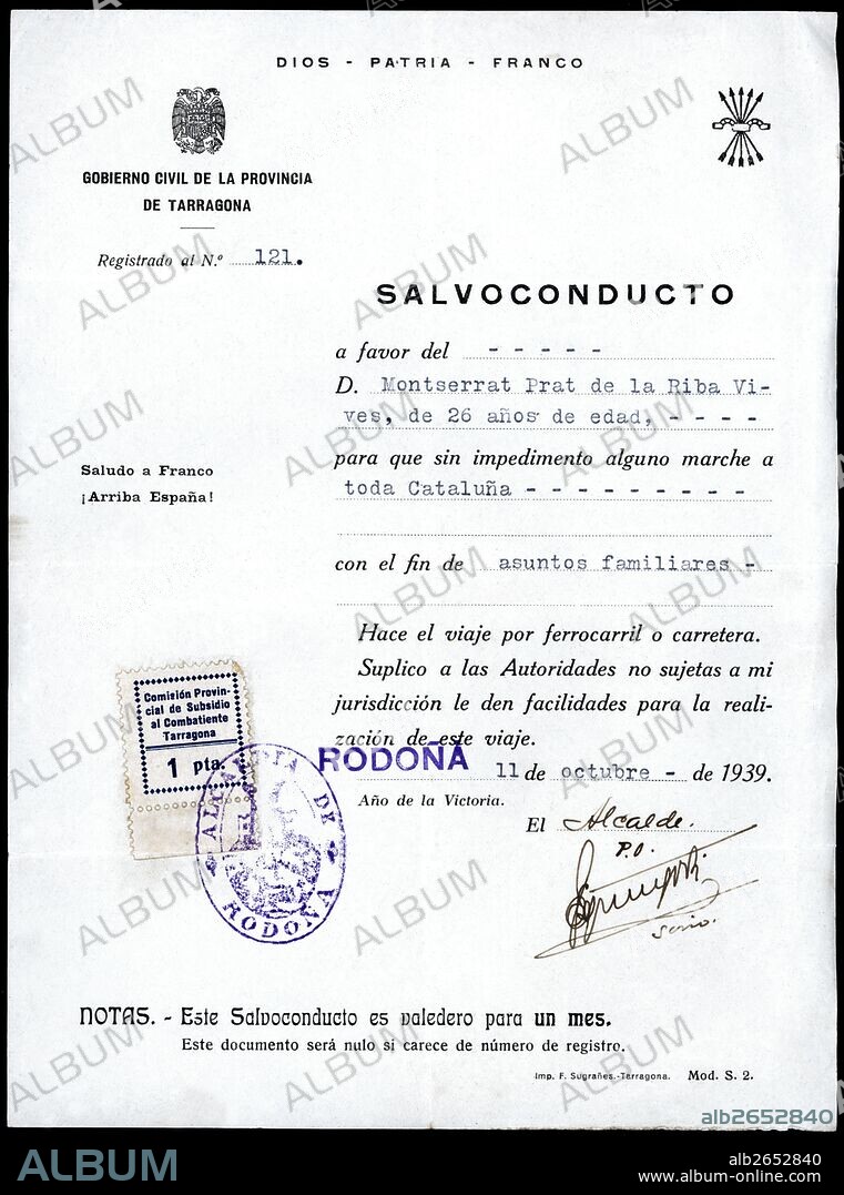 Salvoconducto del Gobierno Civil de Tarragona expedido en Rodonyà el 11 de octubre de 1939.