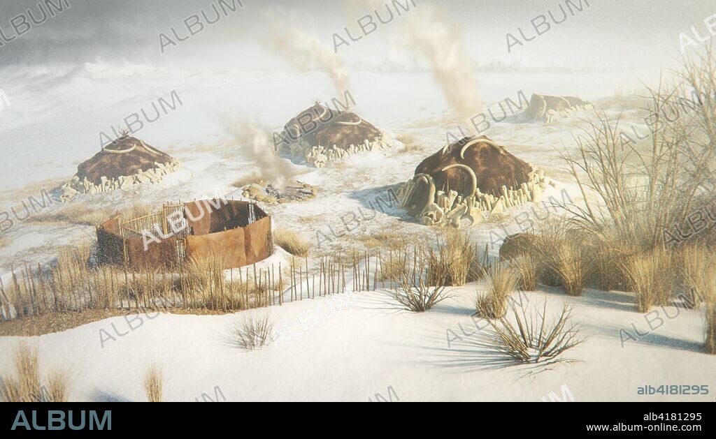 Dolni Vestonice, Moravia (actual Chequia), reconstrucción ideal del poblado de cazadores de mamuts de este yacimiento arqueológico habitado entre hace 26.000 y 28.000 años, periodo correspondiente al Paleolítico Superior. Trabajo realizado como concept art y desarrollo de nivel de jugabilidad para el videojuego educativo Prehistory (no publicado en la actualidad).