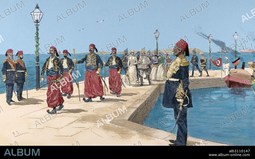 MUSTAFA KEMAL (Salónica, 1881-Estambul, 1938), llamado "ATATÜRK" (padre de los turcos). Estadista y político turco. En 1922 proclamó la República, siendo él su primer presidente. "Viaje del emperador de Alemania, Guillermo II, a Palestina. Recepción de los Emperadores en Haifa". Grabado coloreado. "La Ilustración". Contexto I Guerra Mundial.