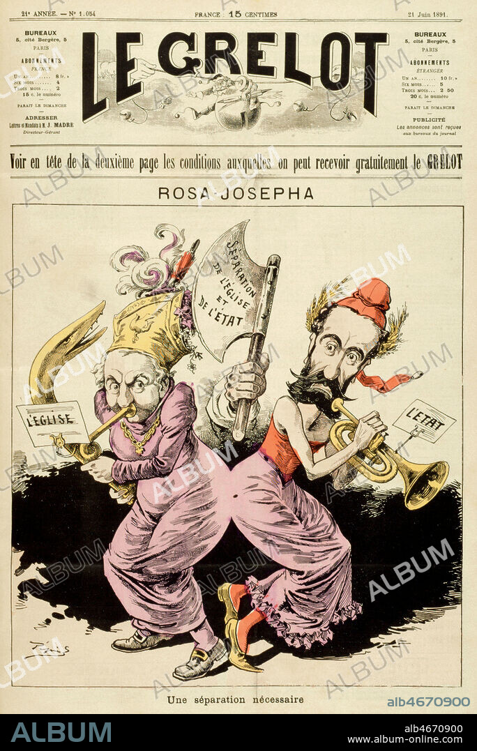 Rosa-Josepha. Une separation necessaire. L'Eglise sous les traits du Pape et l'Etat sous ceux du president Sadi CARNOT (1837-1894) devant etre separes comme les celebres soeurs siamoises. Illustration de PEPIN (1842-?) pour Le Grelot de 1891. Credit : Coll. Dixmier/KHARBINE-TAPABOR.