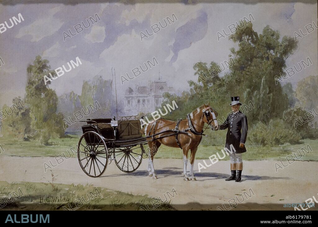 GOTTFRIED HEINRICH WILDA. COCHERO CON UNIFORME INGLES DE PIE AL LADO DE UN COCHE DE CABALLOS (GIGUE) - 1888.