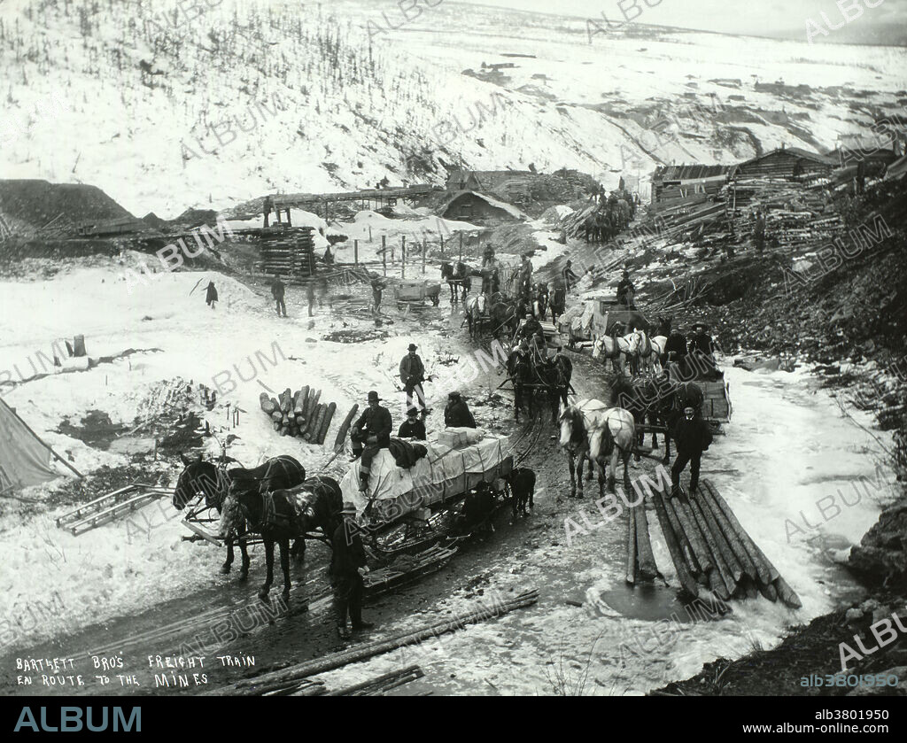 Scene en route to the mines in the Klondike gold rush in Canada's Yukon Territory, 1898.