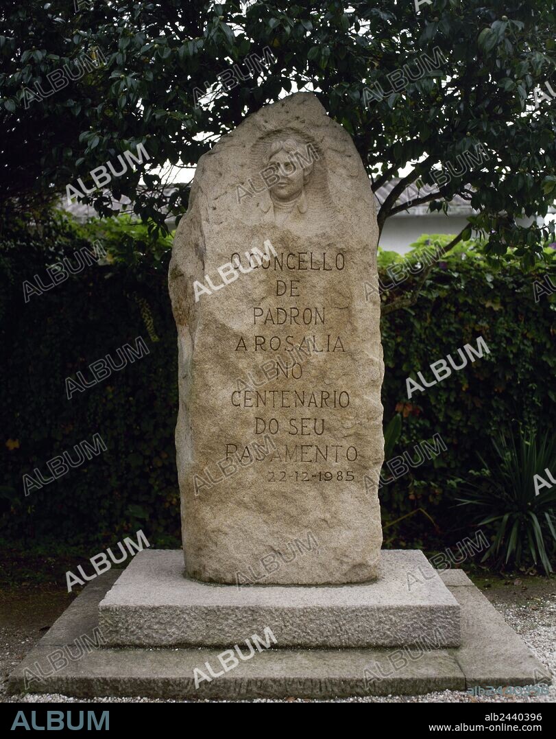 Rosalia de Castro (1837-1885). Galician romanticist writer and poetess. House of Matanza, where she lived. Monument dedicated to Rosalia de Castro by the municipality of Padron on the centenary of her death (December 22, 1985). House-museum. Padron, province of La Coru–a, Galicia, Spain.