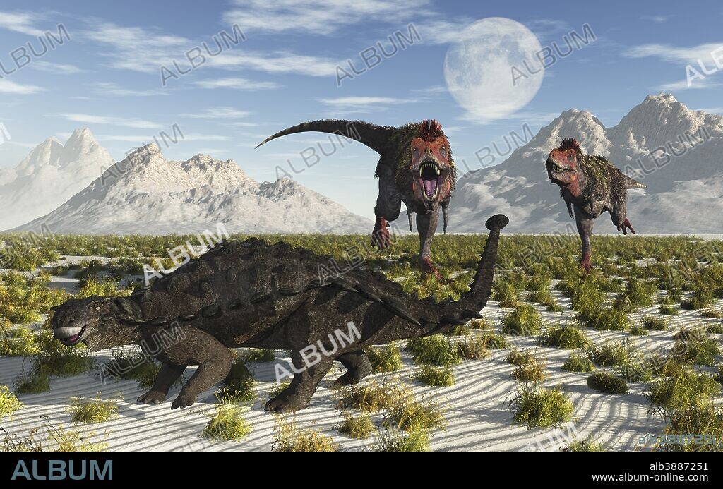 A pair of carnivorous Tarbosaurus dinosaurs running towards a Pinacosaurus armored dinosaur.