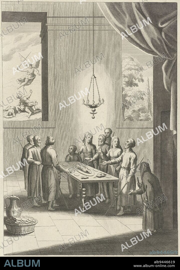 Celebration of Passover, Philip van Gunst, 1685 - 1725, A Jewish family celebrates Passover at the dinner table. On the table is a dish with the Passover lamb and various foods that have symbolic meaning, such as horseradish and parsley. The family stands around the table telling the story of the flight from Egypt. From one of the windows a landscape with a garden. The other window overlooks a depiction of an angel with a sword attacking three men (ev. death of all the firstborn of Egypt)., print maker: Philip van Gunst, (mentioned on object), 1685 - 1725, paper, etching, engraving, h 320 mm × w 210 mm.