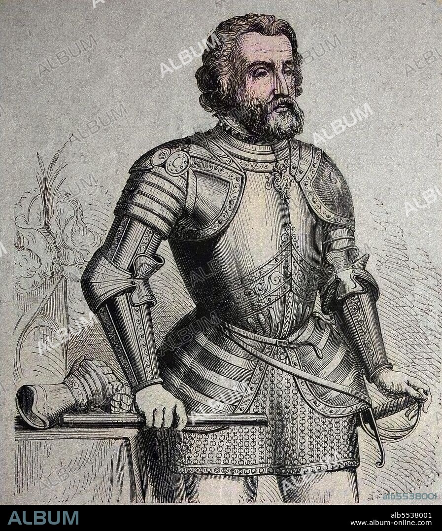 Ferdinand Cortez, Hernan Cortes de Monroy y Pizarro Altamirano (Marques del Valle de Oaxaca, 1485 - 1547, discoverer of Mexico and conquest of New Spain, historical, historisch, digital improved reproduction of an original from the 19th century.