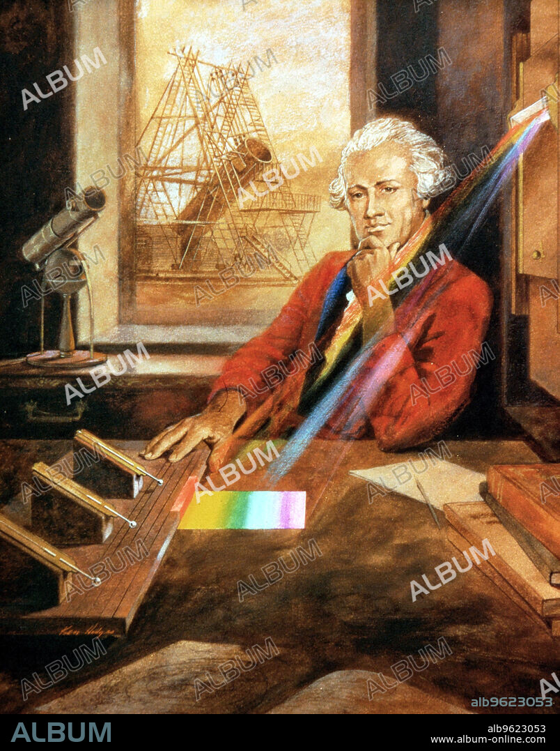 William Herschel (1738-1822) German-born English astronomer. Herschel investigating the heating effect of infra-red light. He passed sunlight through a prism, positioning thermometers just beyond the visible red part of the spectrum. Herschel recorded that there was a temperature increase, leading him to conclude that there must be an invisible form of energy (the infra-red). He published his discovery in 1800. Herschel also discovered Uranus in 1781, the first new planet to be discovered since ancient times. In the background is Herschel's 40ft reflecting telescope, which he built himself.