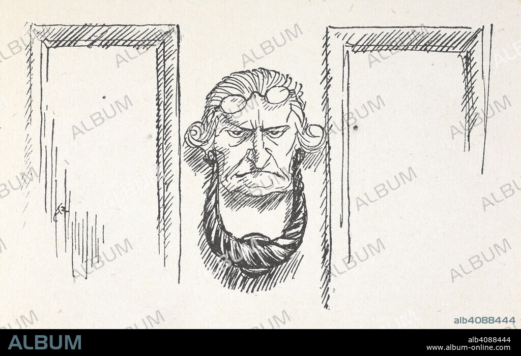 CHARLES DICKENS. Front door knocker with the face of Scrooge. A Christmas Carol ... Illustrated by Arthur Rackham. London; J. B. Lippincott Co. Philadelphia : Wiiliam Heinemann, 1915. Source: 012622.g.37. page 3 detail.