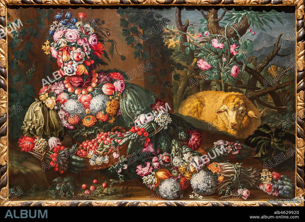 Brescia, Pinacoteca Tosio Martinengo: "Spring", oil on canvas by Antonio Rasio inspired by the Metamorphoses by Ovid. The fanciful composition of seasonal fruits and flowers is as seen in paintings by Arcimboldo.