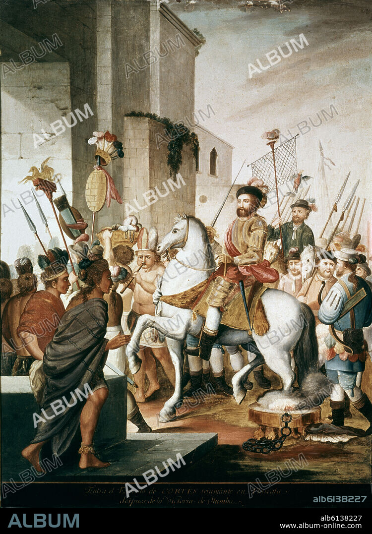 ANÓNIMO. CONQUISTA DE MEXICO - ENTRADA TRIUNFANTE DE HERNAN CORTES Y SU EJERCITO EN TLAXCALA - PINTURA EN COBRE - SIGLO XVIII.