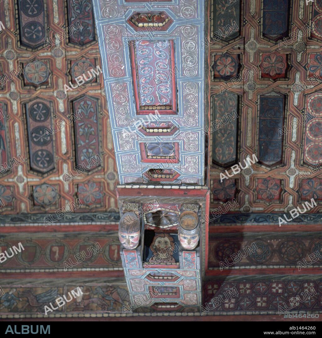 Mudejar Art. Teruel Cathedral. Detail of the coffered ceiling. XIII century. Aragon. Spain.