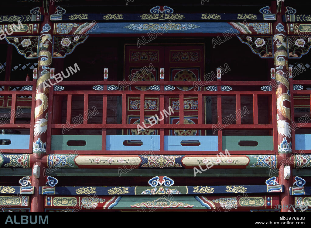 Detail of the exterior decoration of the Manchir Monastery, Mongolia, 18th century.