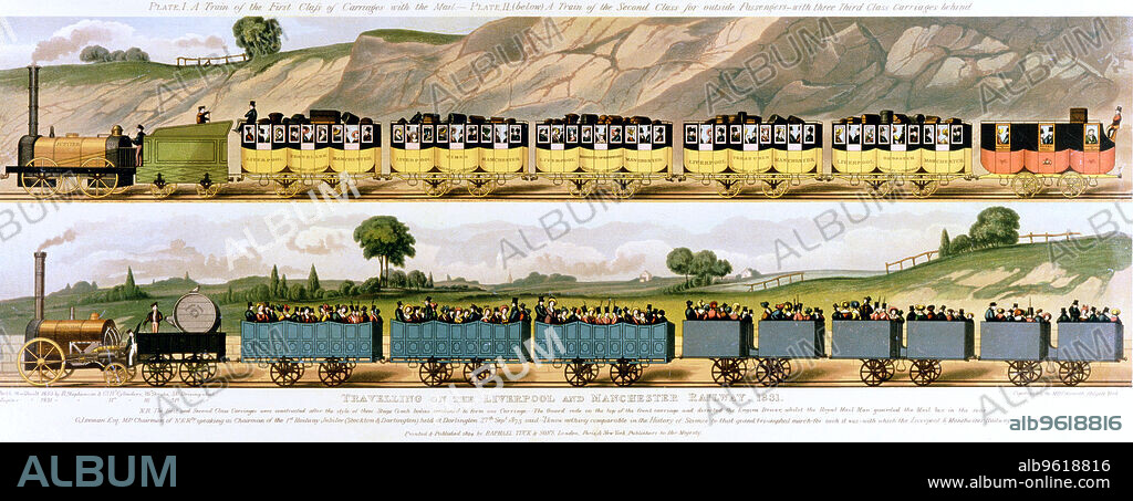 'Travelling on the Liverpool and Manchester Railway', 1831. Top: 1st class carriages drawn by the locomotive 'Jupiter'. Bottom: 2nd and 3rd class carriages drawn by the locomotive 'North Star'. The world's first passenger railway, the Liverpool and Manchester opened on 15 September 1830. Its principal engineer was George Stephenson (1781-1848).