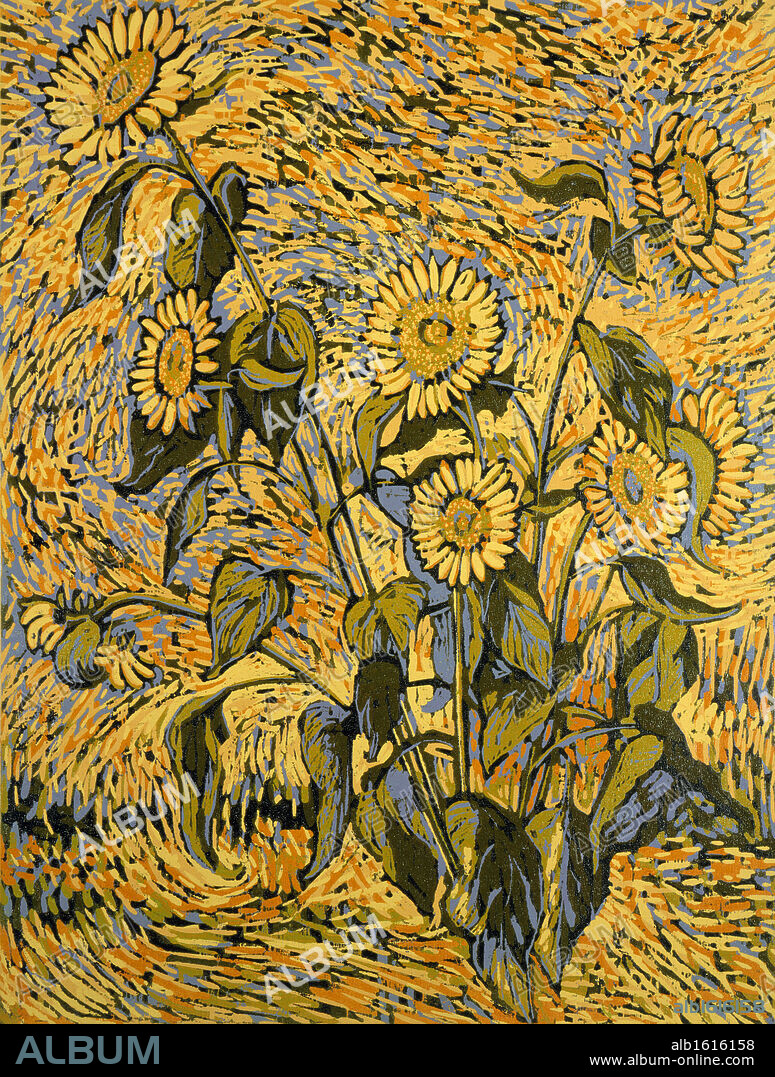 Sunflowers by Barry Wilson, woodcut Print, (born 1929).