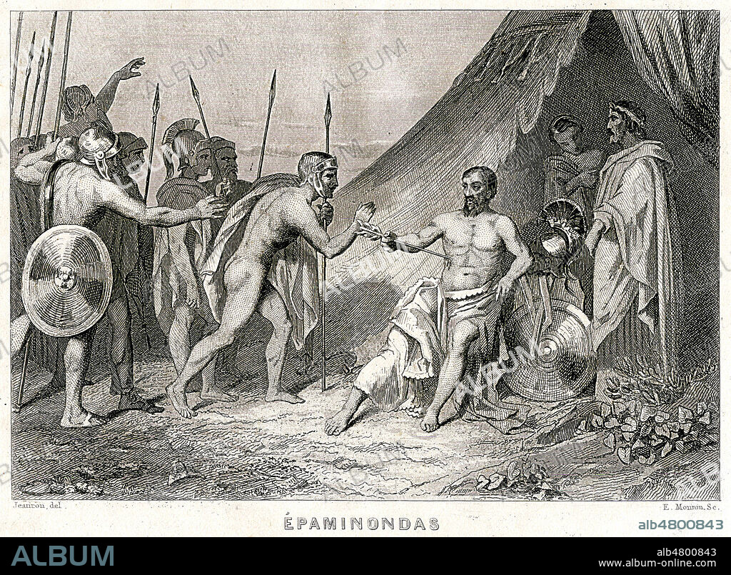 Mort d'EPAMINONDAS (-418 a -362) a la bataille de la plaine de Mantinee contre les spartiates commandes par AGESILAS. Illustration de 1854 par JEANRON pour Histoire universelle comprenant les revolutions, les Moeurs, les Costumes de tous les Peuples par A. BREANT (19 s.). Credit : Collection Jonas/Kharbine-Tapabor.