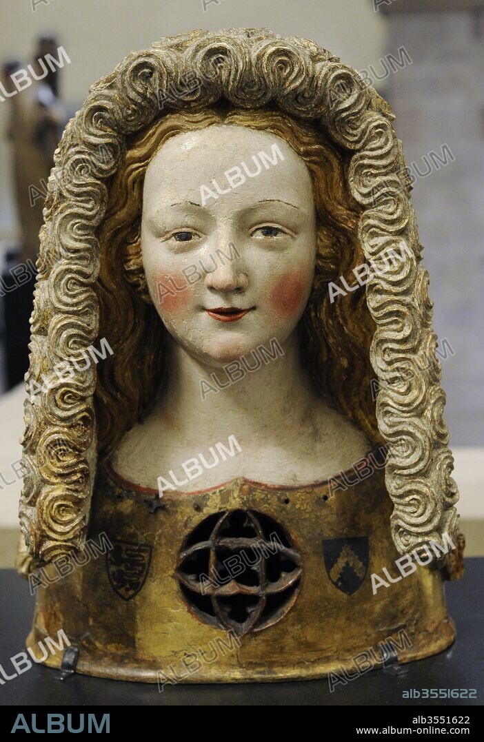 Arte Medieval. Busto relicario con" kurseler" (capucha / cofia) con velo fruncido. Madera de nogal, policromado. Colonia, hacia el 1350. Museo Schnutgen. Colonia, Alemania.