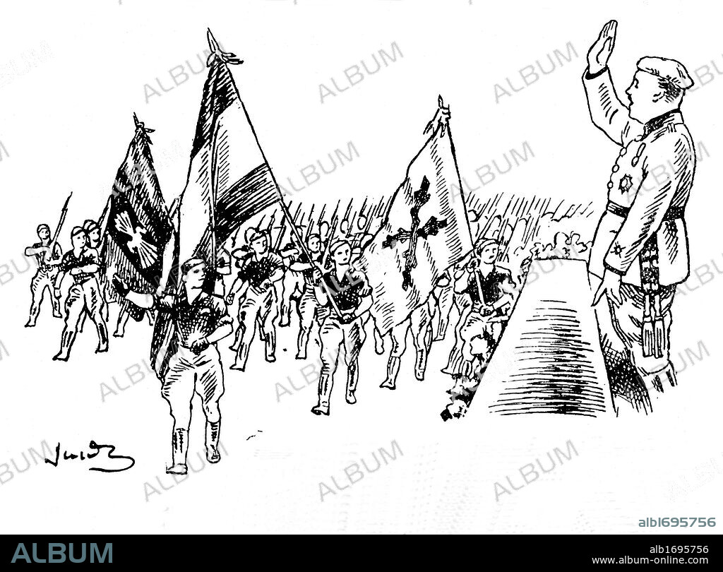 Desfile de la Victoria presidido por Francisco Franco. Dibujo de Joan Junceda publicado en el libro de lectura escolar Santa Tierra de España, editado en Barcelona en 1942.