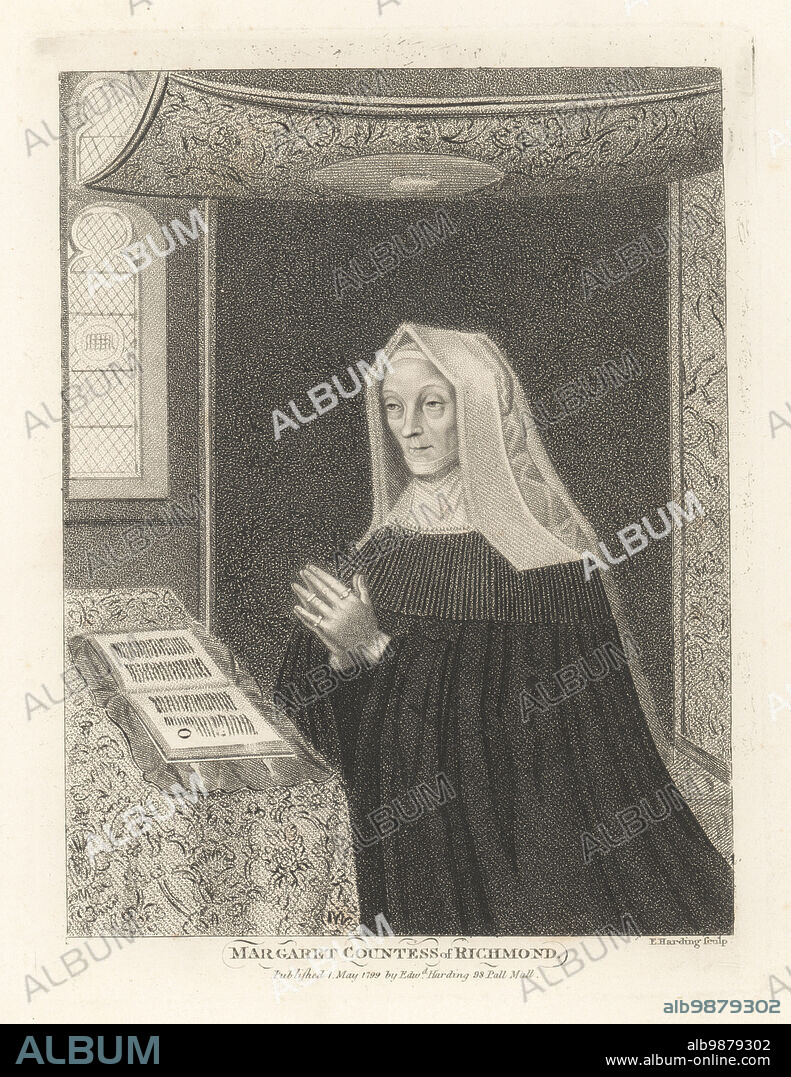 Lady Margaret Beaufort, c.1441-1509, mother of King Henry VII of England and a major figure in the Wars of the Roses. Wearing a hood with wimple, black gown, kneeling beneath a canopy, her hands clasped in prayer before an open book of hours on a table. Margaret, Countess of Richmond. Copperplate engraving by Edward Harding from John Adolphus The British Cabinet, containing Portraits of Illustrious Personages, printed by T. Bensley for E. Harding, 98 Pall Mall, London, 1799.