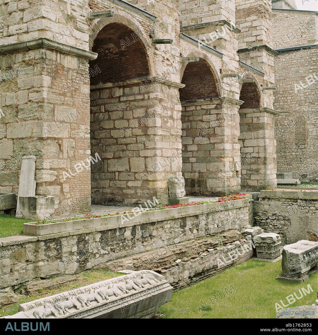 Haghia Sofia Basilica, by Isidore of Miletus known as Isidore of Miletus the Older, 532-537 ante, 6th Century,. Turkey, Istanbul, Istanbul, Hagia Sofia Basilica. Detail. Hagia Sophia Basilica view of the west buttresses arches stone remains ruins capitals decorated frieze, photo 2009.