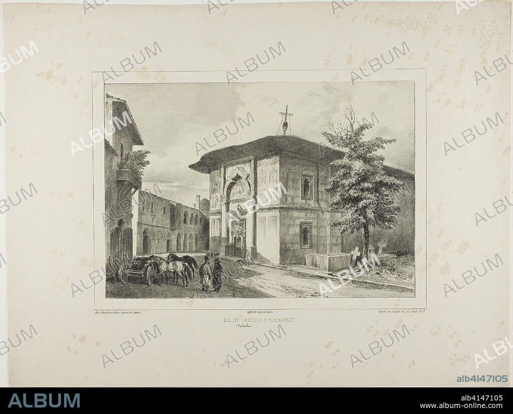 Greek Church, Bucharest, Wallachia, July 15, 1837. Denis Auguste Marie Raffet (French, 1804-1860); printed by Auguste Bry (French, 19th century); published by Chez Gihaut Frères (French, 19th century); published by Éditeur Ernest Bourdin (French, active 19th century). Date: 1839. Dimensions: 195 × 281 mm (image); 195 × 281 mm (primary support); 349 × 459 mm (secondary support). Lithograph in black on ivory chine laid down on buff wove paper. Origin: France.