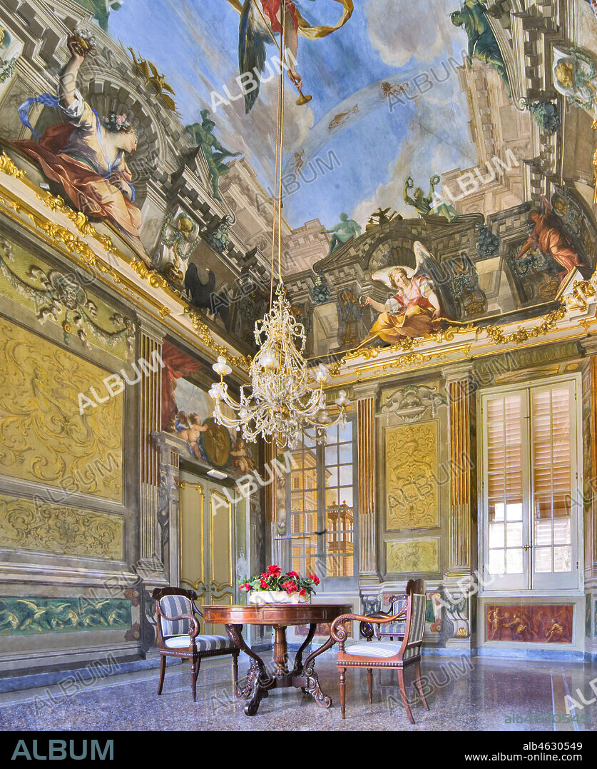 Genoa, Palazzo Reale (former Palazzo Balbi Durazzo): Hall of the Fame of the Balbi Family: the vault with "Allegory of the Fame and Allegorical Figures", fresco by Valerio Castello and Giovanni Maria Mariani, 1755.. World Heritage UNESCO.