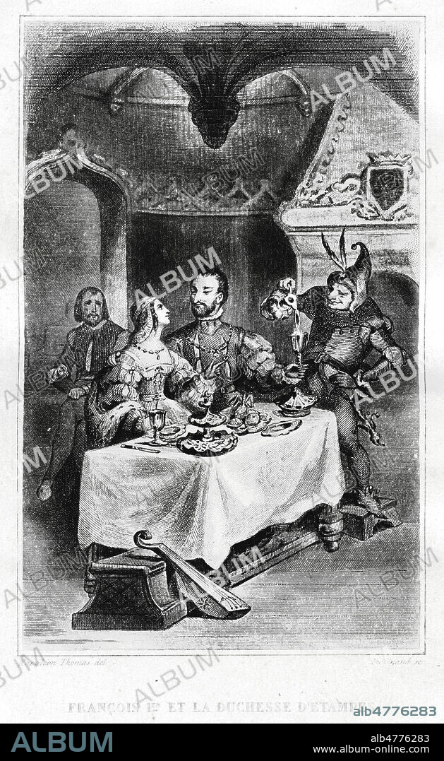 FRANCOIS 1er (1494-1547) et Anne de PISSELEU, duchesse d'Etampes (1508-1575), servis par le bouffon TRIBOULET (1479-1536). Illustration de Napoleon THOMAS (19 s.) pour Mysteres des vieux chateaux par A.B. LE FRANCOIS. Credit : Coll. Jonas/KHARBINE-TAPABOR.
