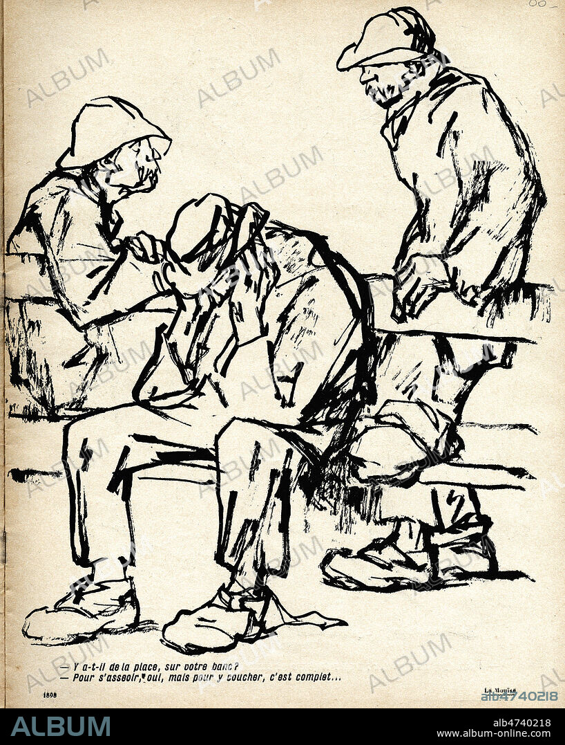 Des clochards discutent : 'Y'a-t-il de la place sur votre banc ? Pour s'asseoir oui, mais pour y coucher, c'est complet' Illustration par Bernard NAUDIN (1876-1946) pour L'Assiette au Beurre du 23 fevrier 1907, numero intitule 'La Mouise'. Credit : Jean Vigne/KHARBINE-TAPABOR.