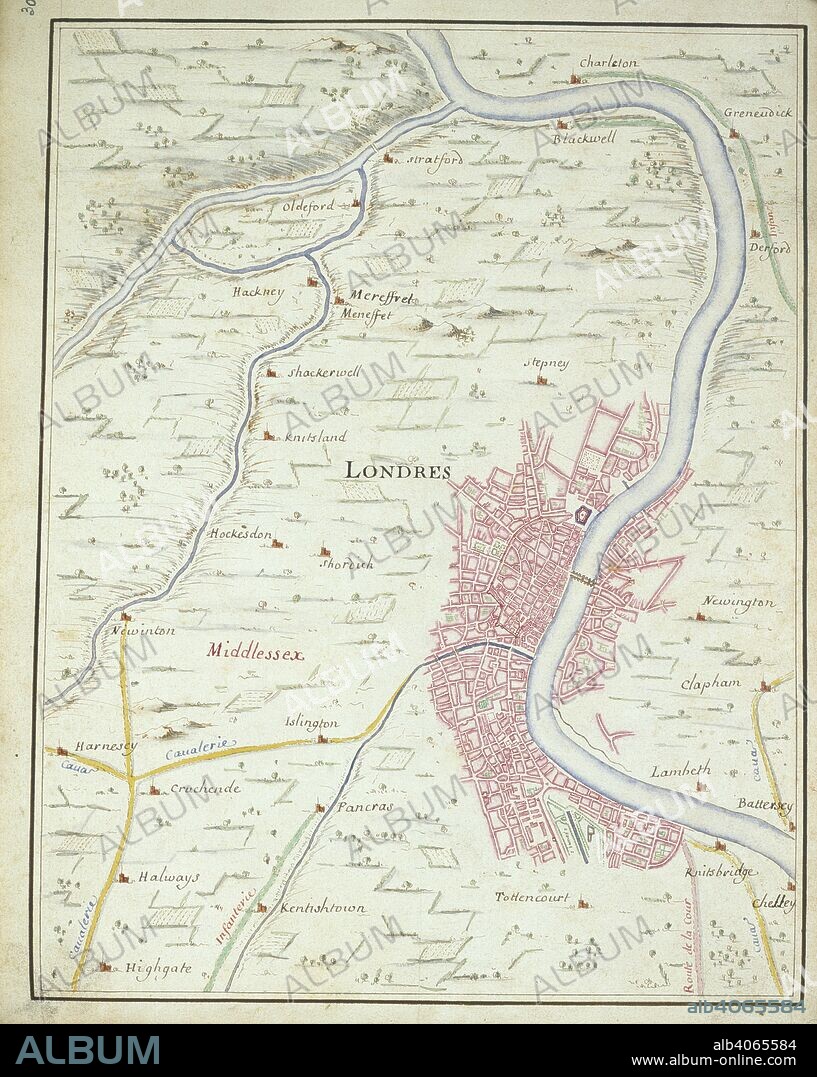 Map of London. Invasion of England by the Prince of Orange. 1688. (Whole map) Map of London, between Chelsea and Charlton; showing the route of William of Orange into London from Knightsbridge on the 28 December 1688  Image taken from Invasion of England by the Prince of Orange  Originally published/produced in 1688. . Source: Add. 33970, f.30. Language: French.
