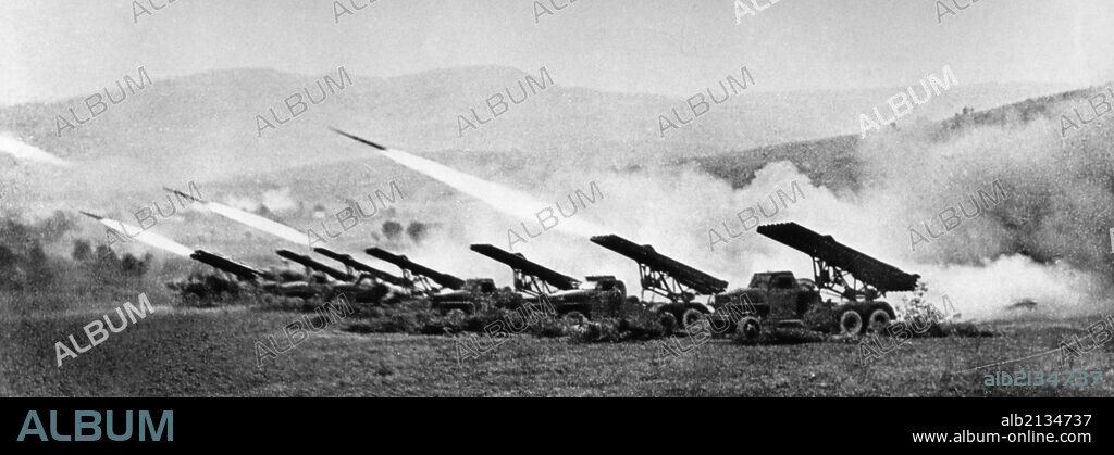 A battery of soviet katyusha rockets firing in the carpathian mountains during world war 2, 1944. 01/02/1944