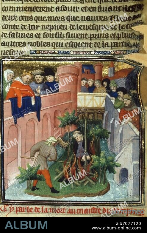 Molay, Jacques Bernard de; last Grand Master (since 1298) of the Knights Templar; (burnt) Paris 13.3.1314. Persecution of the Templars under Philip IV. of France: execution of Jacques Molay in Paris, 13.3.1314, in the presence of Philip IV.- / Ms. illumin., French, c. 1410. From: Grandes Chroniques de France. Ms. Cotton Nero E.II, vol. II, fol. 105, London, British Library.