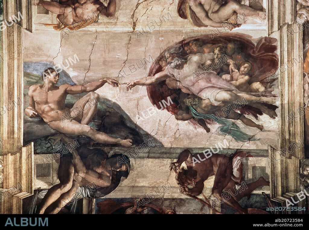 MIGUEL ANGEL. FRESCOS DEL TECHO - LA CREACION DE ADAN - ANTES DE LA RESTAURACION - 1508-1512 - RENACIMIENTO ITALIANO.