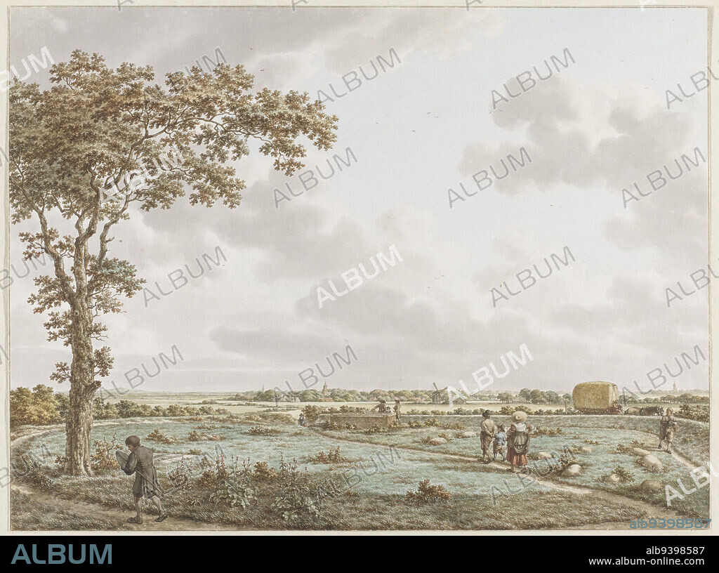 De Tafelberg in the landscape, seen from the Sint-Janskerkhof near Laren De Tafelberg near Blaricum in four faces (series title), draughtsman: Jacob Cats (1741-1799), Amsterdam, c. 1795, paper, pen, brush, h 426 mm × w 570 mm.