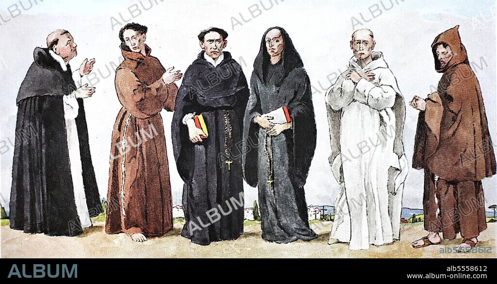 Kleidung, Mode der Mönchsorden im Mittelalter, von links, Karmeliter in Ausgehkleidung, Kartäusermönch in Ausgehtracht, Kartäusermönch in Hauskleidung, Kartäuser-Nonne mit Segensschmuck, Kloster des Ordens Mariä Heimsuchung, ein sogenannter Salesianer, digital verbesserte Reproduktion einer Illustration aus dem 19. Jahrhundert.