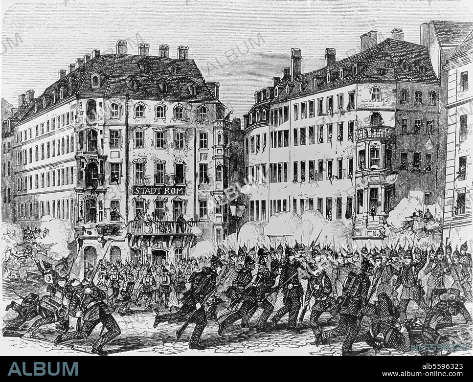 LEO VON ELLIOT. Revolution 1848/49:. Dresdener Mairevolution 3.-9. Mai 1849. (Aufstand unter Führung M.Bakunins, niedergeschlagen durch sächs. u. preuß. Truppen, 6.-9. Mai 1849.). - Truppen erstürmen die Barrikaden der Aufständischen in der Großen Frauenstraße und das Hotel "Stadt Rom".- Holzstich, zeitgen., n. Zeichnung L.Elliot.