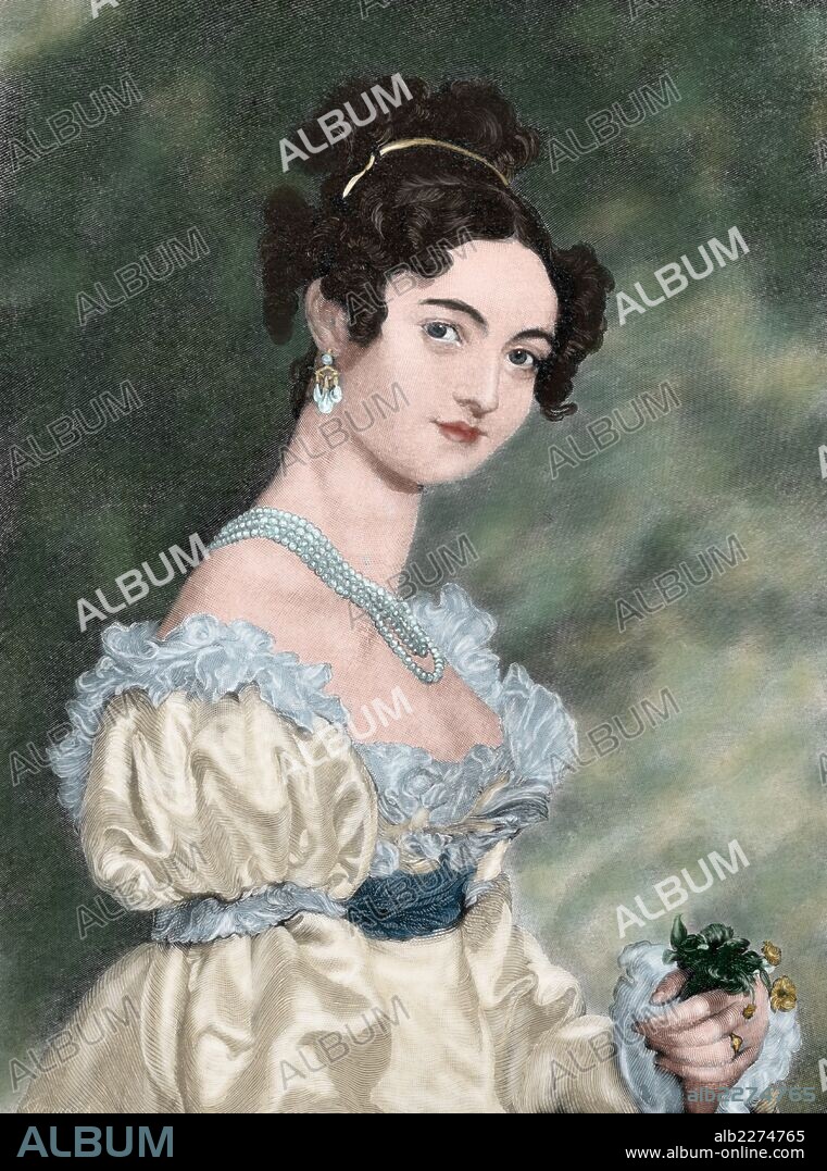 Lady Selina Meade (1797-1872). Countess Clam-Martinic. Engraving by Kursning after a painting of Sir Thomas Lawrence (1769-1830). The Iberian Illustration, 1891. Colored.