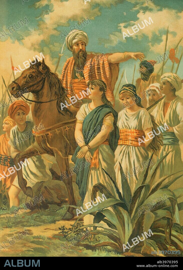 Arab world. War booty. Group of women taken prisoner for the harem. Drawing by Dionisio Baixeras (1862-1943). Chromolithography. La Civilizacion (The Civilization),volume III, 1882.