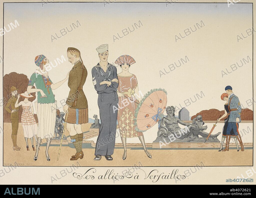 GEORGE BARBIER and HENRI REIDEL. Les allies Ã  Versailles. Various representations of soldiers of the allies. . Le bonheur du jour, ou, Les graces aÌ€ la mode. Texte et dessins par George Barbier. Paris: Meynial, 1920. Colour engravings/plates. Pochoir prints. An album by George Barbier that depicts Paris couture and the fashionable activities of the elite at the beginning of the 1920s. Source: HS.74/1064. Language: French.
