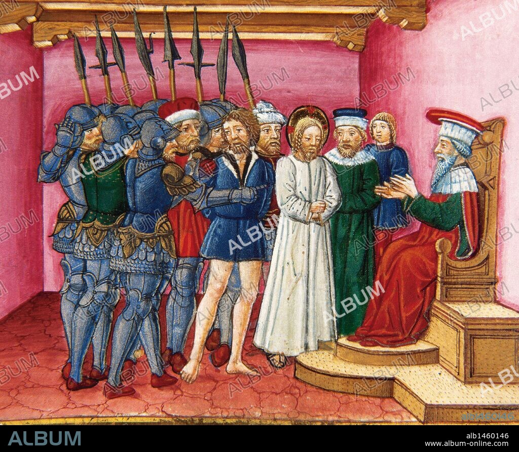 Pontius Pilate asked the Jews if they prefer to free the thief Barabbas, or Jesus. Codex of Predis (1476). Royal Library. Turin. Italy.