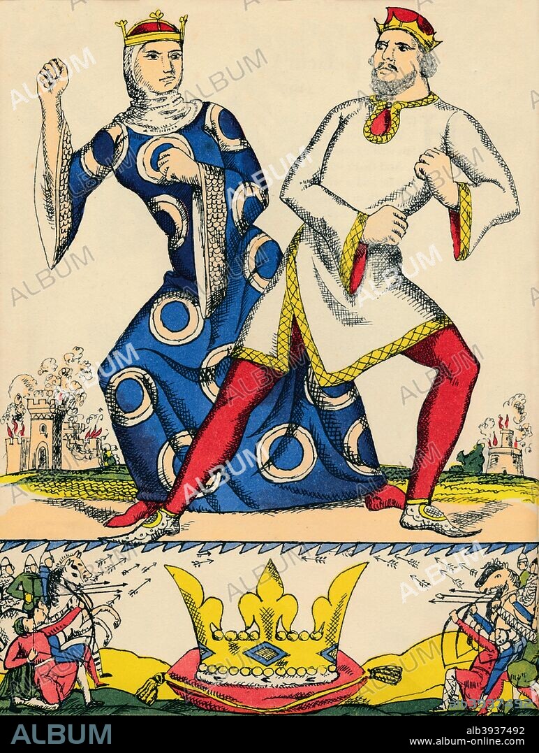 Stephen and Matilda, rivals for the crown of England, (1932). Stephen (1096-1154), the last Norman King of England, reigned from 1135 to 1154. He supported the claim to the throne of Matilda (1102-1167), the daughter of Henry I, before usurping her when Henry died in 1135 and claiming the throne for himself. England descended into a period of civil war. Stephen was captured after he was defeated by Matilda's army at the Battle of Lincoln in 1141 but was freed in an exchange for the captive Robert, Earl of Gloucester, Matilda's most able lieutenant. Matilda's time on the throne was brief, as a rebellion forced her to flee London. Stephen regained the throne and Matilda was besieged in Oxford, but escaped to Wallingford, camouflaged against the snow by wearing a white cloak. The conflict dragged on until 1148 when Matilda returned to France after the Earl of Gloucester died. Eventually, in 1154, her son was crowned king as Henry II after Stephen died. From Kings and Queens by Eleanor and Herbert Farjeon, illustrated by Rosalind Thornycroft [Victor Gollancz Ltd, London, 1932].
