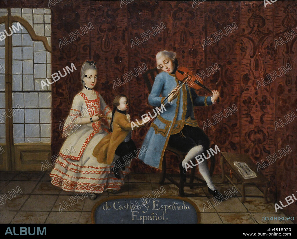 Casta Painting. De castizo y espa–ola, nace un espa–ol (From Castizo and Spaniard, a Spaniard is Born). Oil on copper (49 x 36 cm). Anonymous painting. Viceroyalty of New Spain. Mexican School. 1775-1800. Museum of the Americas. Madrid, Spain.