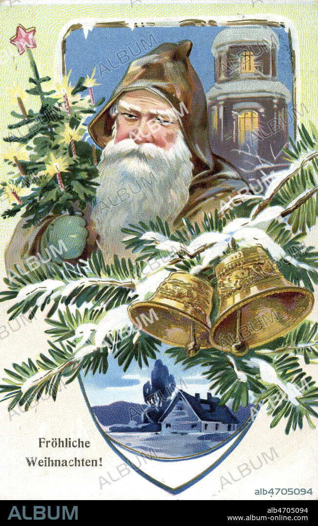 'Froliche Weihnachten' (Joyeux noel). Pere noel et cloches sur une branche de sapin. Carte postale allemande vers 1910. Credit : IM/KHARBINE-TAPABOR.