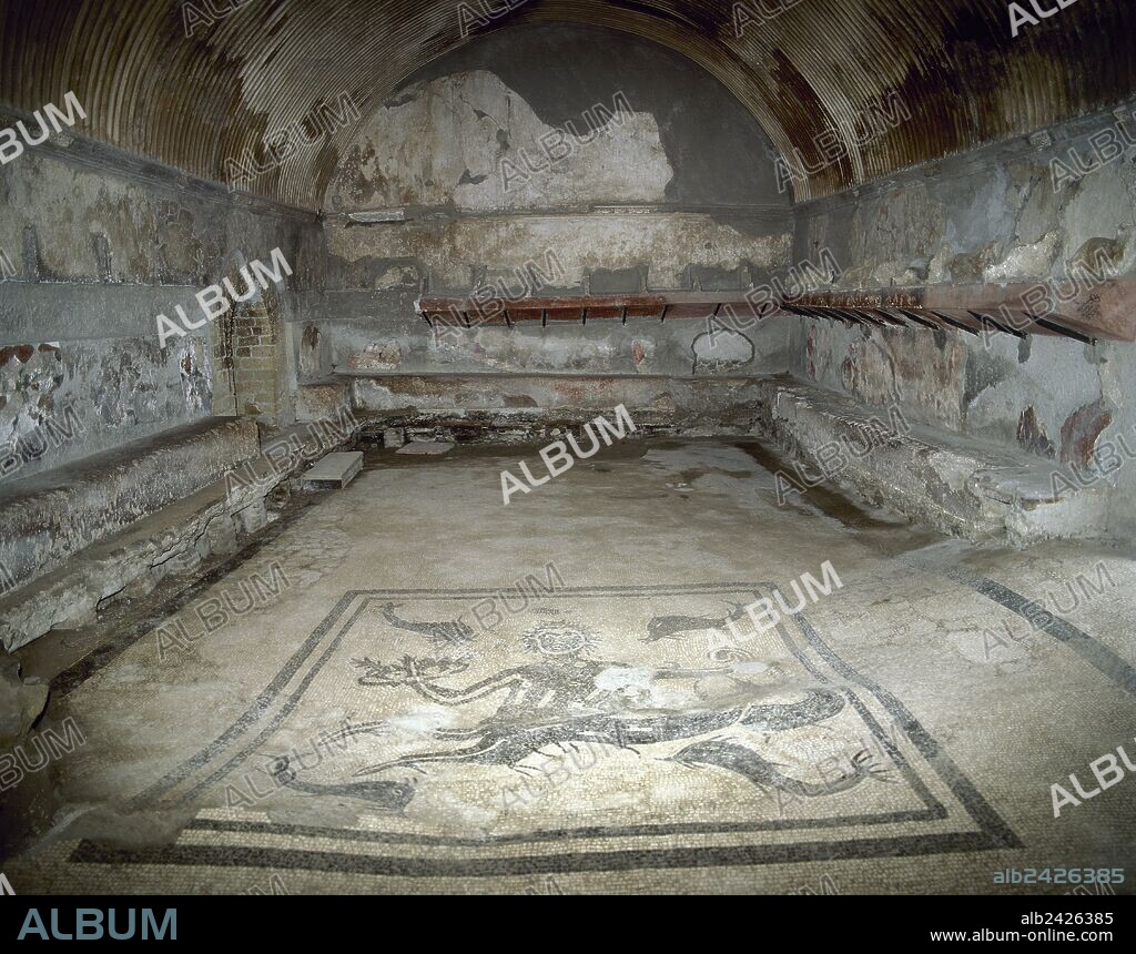 ARTE ROMANO. ITALIA. TERMAS URBANAS. Construídas en el primer periodo augusto (10 a. C.). Se subdividen en secciones para hombre y mujeres. Interior del "APODYTERIUM" (VESTUARIO) MASCULINO, con bóveda decorada con estuco, mosaico central decorado con temática marina y repisas para la ropa. HERCULANO. La Campania.
