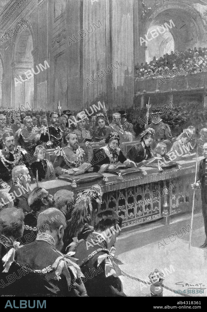 'The Thanksgiving Service for the Recovery of the Prince of Wales, held in St. Paul's Cathedral, February 27, 1872', (1901). Religious service in St. Paul's Cathedral in London, to give thanks for the recovery from typhoid fever of Prince Albert Edward (1841-1910), the future King Edward VII. The same disease was believed to have killed his father, Prince Albert. From "The Illustrated London News Record of the Glorious Reign of Queen Victoria 1837-1901: The Life and Accession of King Edward VII. and the Life of Queen Alexandra". [London, 1901].