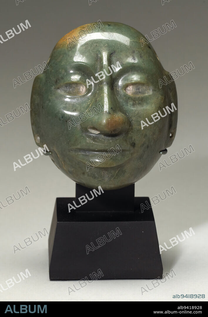 Maskette, c. 550 - 900, 4 x 3 1/2 x 2 in. (10.16 x 8.89 x 5.08 cm), Jade, Guatemala, 6th-10th century.
