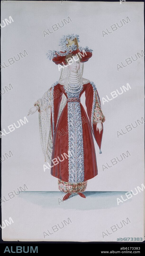 LUIS DE LA CRUZ Y RIOS. RETRATO DE LA REINA MARIA JOSEFA AMALIA CON DISFRAZ DE PRINCESA DE TARTARIA - PARA EL CARNAVAL DE 1830 - ACUARELA - SIGLO XIX.