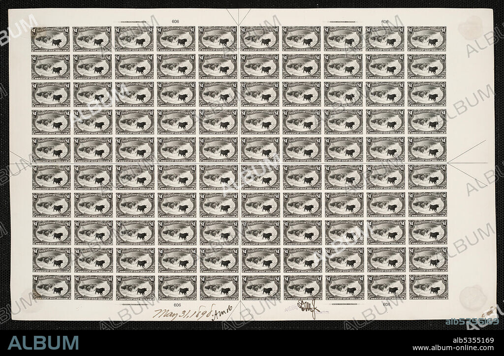 $1 Trans-Mississippi Western Cattle in Storm plate proof sheet, May 31, 1898. Certified plate proofs are the last printed proof of the plate before printing the stamps at the Bureau of Engraving and Printing. These plate proofs are each unique, with the approval signatures and date. For postal scholars these plates provide important production information in the plate margin inscriptions, including guidelines, plate numbers, and initials of the siderographer, or person who created the plate from a transfer roll.;Plate No. 606;Denomination: $1;Subject: Trans-Mississippi Exposition, Western Cattle in Storm;Color: black.
