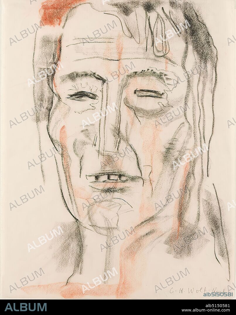 Gustav Heinrich Wolff, head, drawing paper, red chalk, drawing charcoal, drawing, charcoal and red chalk on drawing paper, Total: Height: 33 cm; Width: 25.5 cm, Recto bottom right inscribed by a foreign hand: G. H. Wolf [sic!]: head, sketches, Drawing, graphic, portrait, head, face, prehistoric man, classical modern.